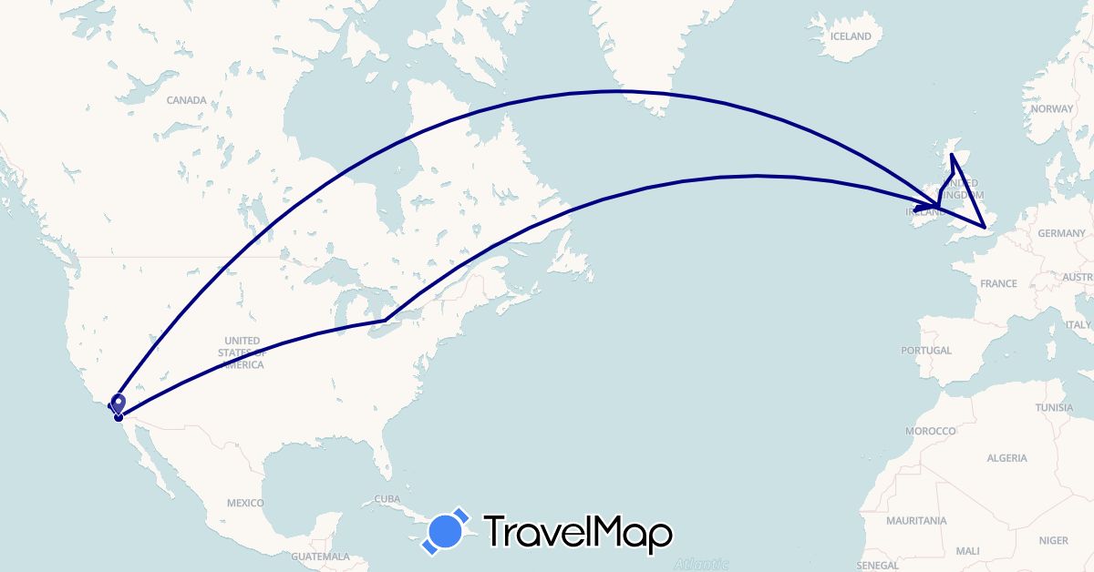 TravelMap itinerary: driving in Canada, United Kingdom, Ireland, United States (Europe, North America)
